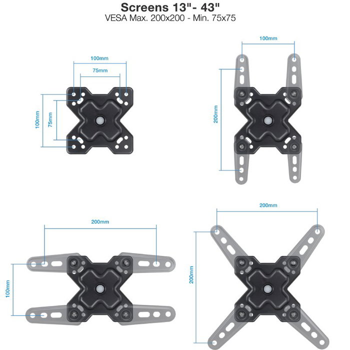 TooQ Soporte Pared TV Extensible Giratorio Inclinable LP1345TN-B para Pantallas 13-43" hasta 20kg Negro